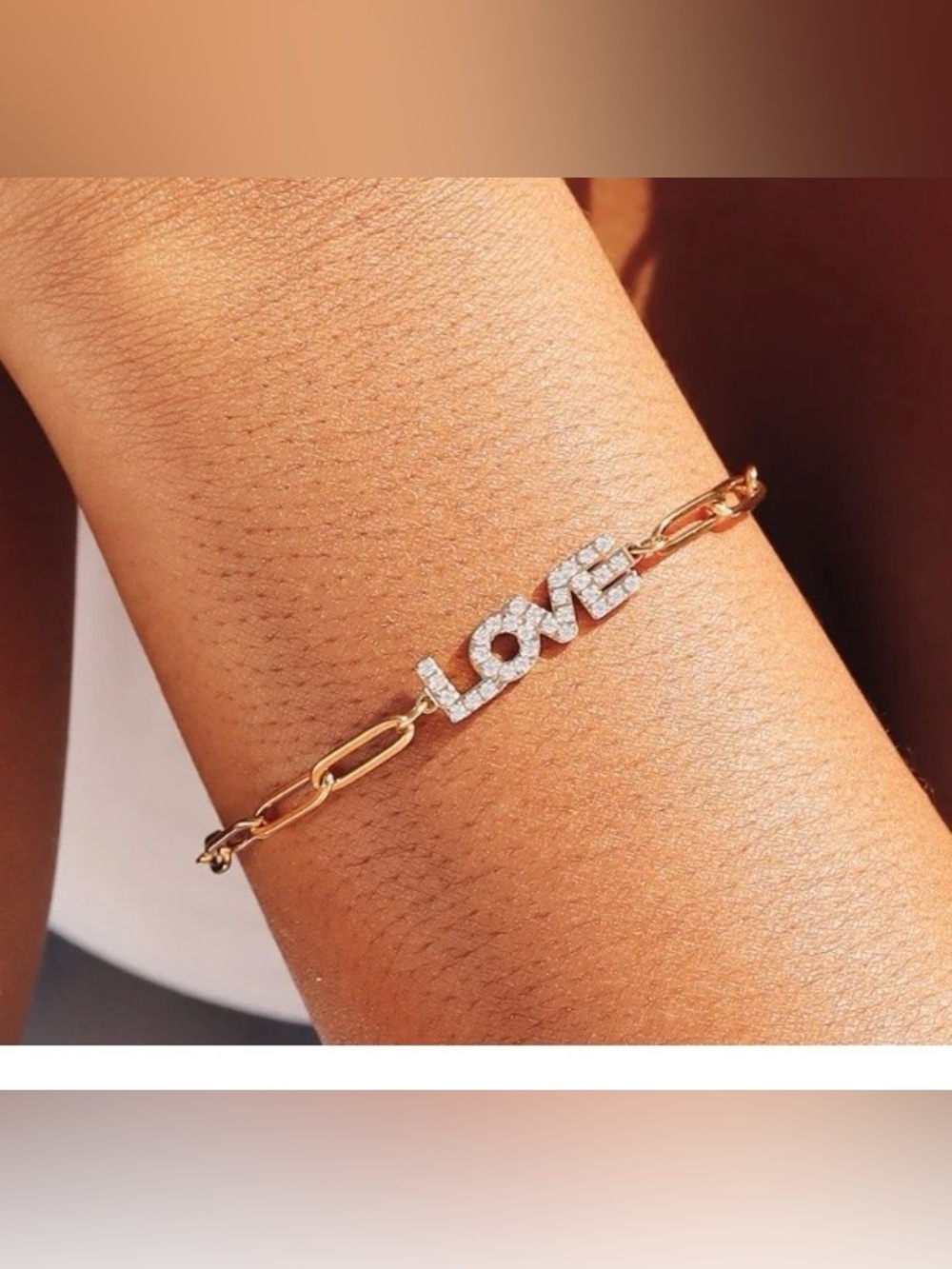 18K Gold PVD Stainless Steel Pave Crystal Love Paperclip Bracelet